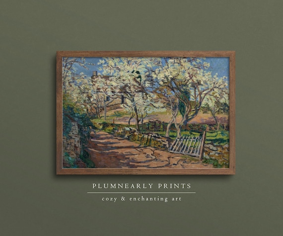 Guillaumin Spring Blooming Orchard Landscape Art Print Poster, Vintage Cottagecore Painting, Light Buttercream Floral Cherry Blossom Trees