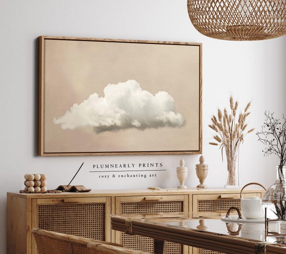 Beige Cloud Oil Painting Framed Canvas, White Tan Neutral Landscape Wall Art, Serene Nature Poster, Calming Modern Minimalist Home Decor