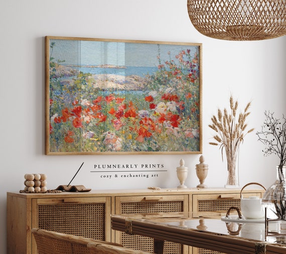 Wildflower Field by the Sea Oil Painting Art Print Poster, Seaside Impressionist Coastal Landscape, Vibrant Maximalist Beach Wall Decor