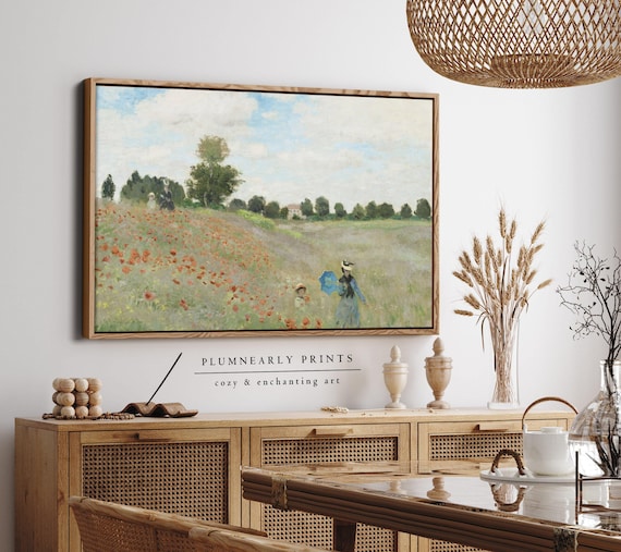 Monet Poppy Field Landscape Oil Painting Framed Canvas, Poppies at Argenteuil Muted Impressionist Wall Art, Classic Neutral Home Decor