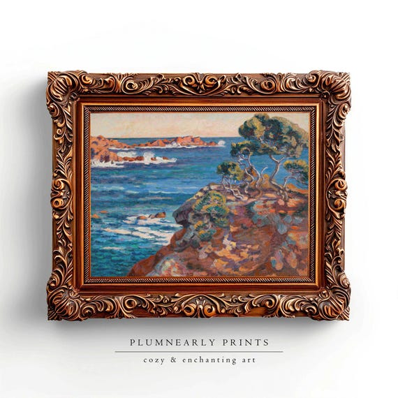 Guillaumin Colorful Coastline Landscape Art Print Poster, Vintage Nautical Teal Aquamarine Blue Green Brown Beach House Maximalist Decor