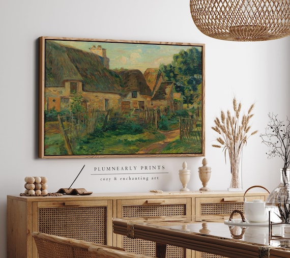 Rustic Thatched Cottages Landscape Impressionist Oil Painting Framed Canvas Art