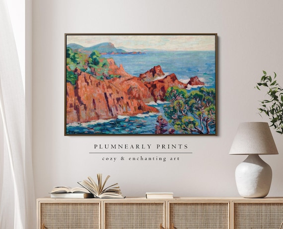 Guillaumin Fauvist Seaside Cliff Landscape Framed Canvas, Colorful Nautical Teal Aquamarine Blue Green Cinnamon Orange Beach House Decor