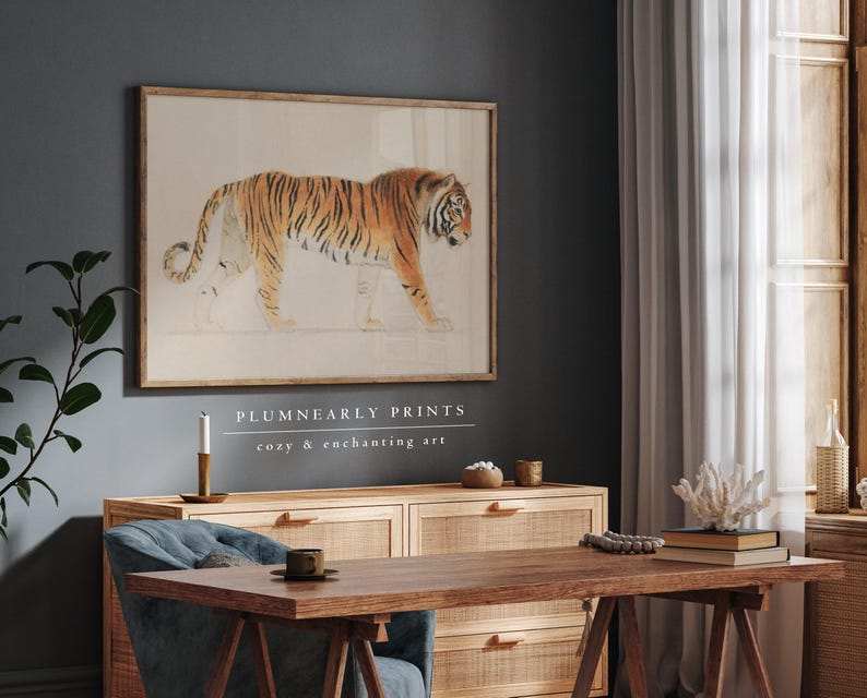 Tiger Watercolor Painting Digital Art Print, Stothard Vintage Jungle