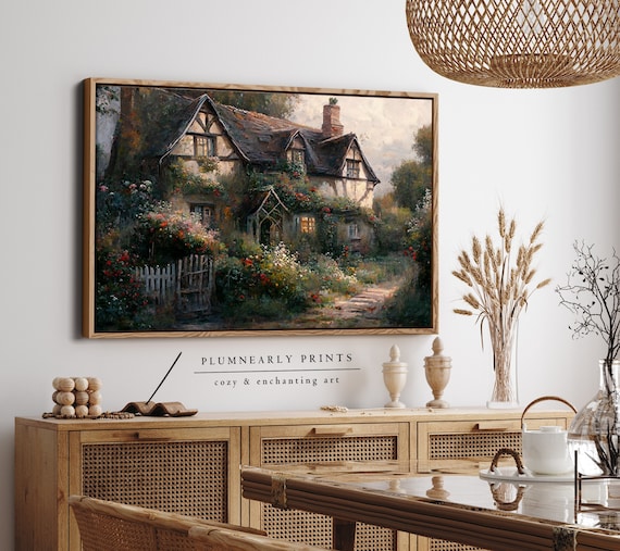 English Cottage Oil Painting Framed Canvas. Rose Garden Wall Art. Summer Cottagecore Canvas Art. Vintage Warm Cozy Cottage Canvas Art Print