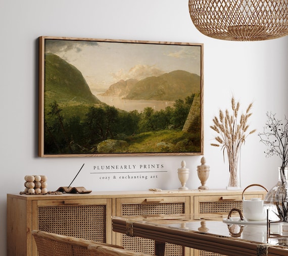 Romantic Mountain Landscape Oil Painting Framed Canvas, Classic American Hudson River Scene Kensett, Elegant Neutral Vintage Home Decor