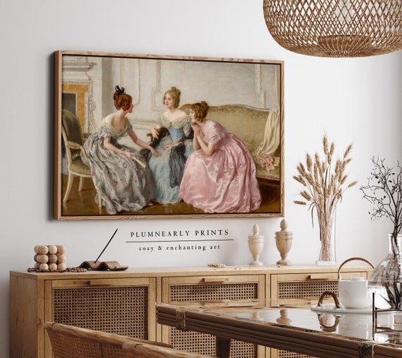 Haigh-Wood Gossip Portrait Oil Painting Framed Canvas, Classic Elegant Regency Dress Women, Jane Austen British Literature Bookish Decor