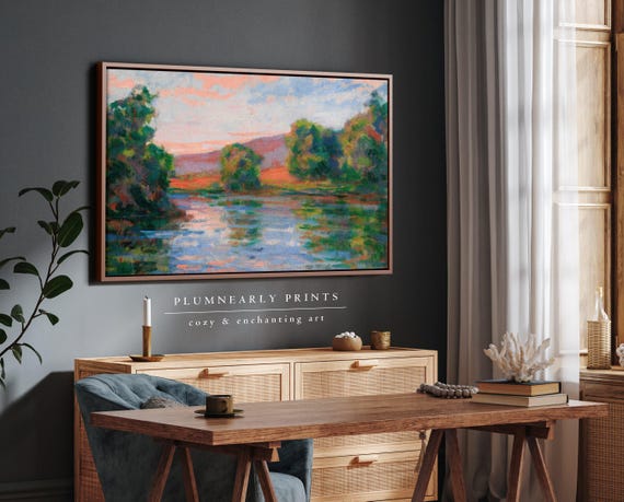 Guillaumin Lake Sunset Oil Painting Framed Canvas, Impressionist Landscape, Bold Aquamarine Icy Blue Tangerine Orange Frog Green Decor