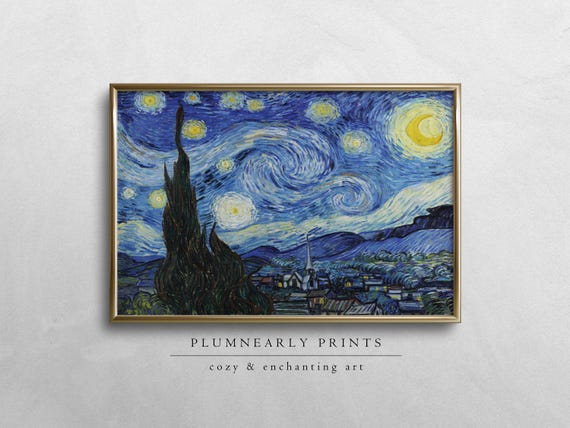 Starry Night Digital Art Print, Van Gogh Maximalist Sky Art, Impressionist Oil Painting, Indigo Galaxy Blue Mustard Yellow Wall Decor