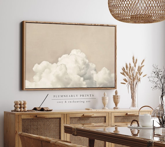 Beige Cloud Oil Painting Framed Canvas, Abstract Cloudscape Large Wall Art, Neutral White Cream Tan Sky, Modern Minimalist Home Decor