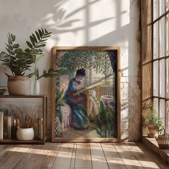 Madame Monet Embroidering Portrait Oil Painting Art Print Poster, Cottagecore Woman Sewing, Vintage Home Decor, Fiber Arts Craft Lover Gift