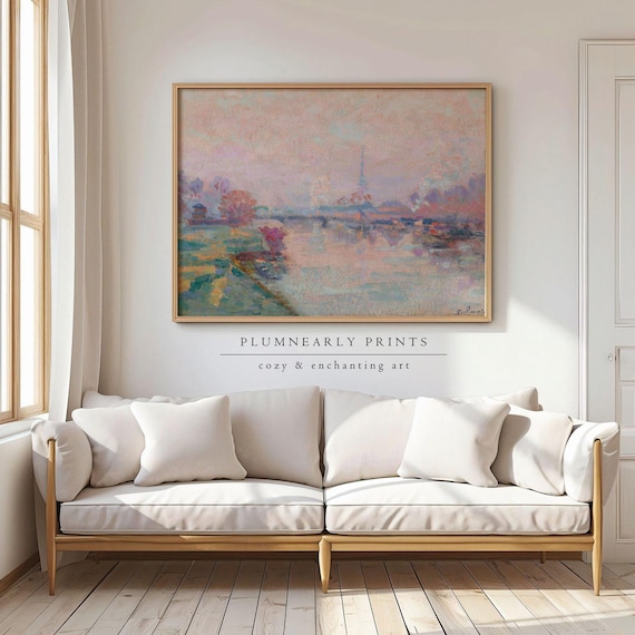 Guillaumin Ethereal Paris Seine River Landscape Art Print Poster, Tea Rose Blush Powder Pink Aquamarine Icy Blue Oil Painting Wall Decor