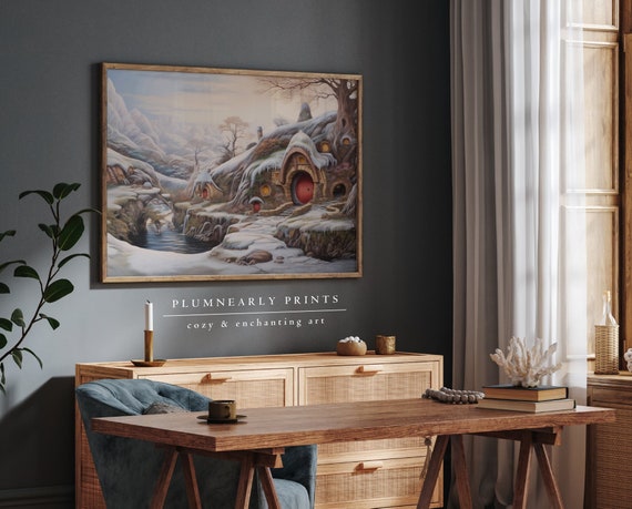 Hobbit House Painting Art Print Poster, Enchanted Winter Landscape, Fantasy Snowy Village Canvas, Whimsical Mountain Fairy Tale Home Decor