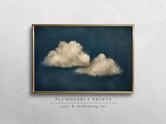 Indigo Blue Cloud Oil Painting Art Print Poster, Minimal White Cloudscape, Large Modern Night Sky Wall Art, Abstract Navy Blue Home Decor