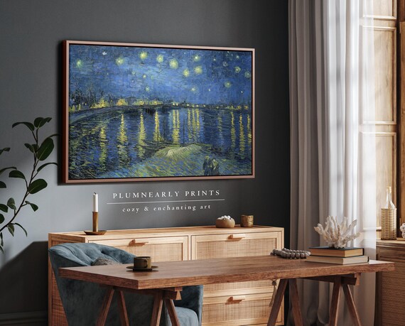 Starry Night over the Rhone Wall Framed Canvas, Van Gogh Wall Decor, Indigo Galaxy Blue Mustard Yellow, Impressionist Night Sky Painting