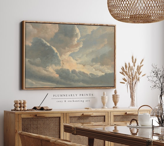 Clouds Landscape Oil Painting Framed Canvas Art, Vintage Moody Cloudscape Wall Art Poster, Classic Impressionist Sky Neutral Gold Home Decor