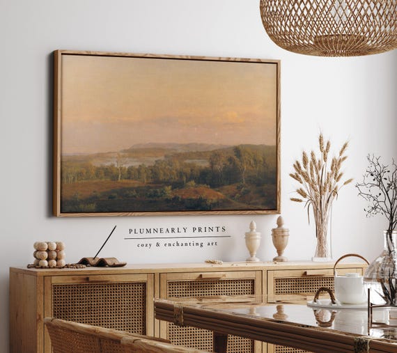 Dreyer Ethereal Golden Sunset Landscape Framed Canvas, Antique Oil Painting, Scandi Farmhouse Sage Green Buttercream Yellow Orange Decor