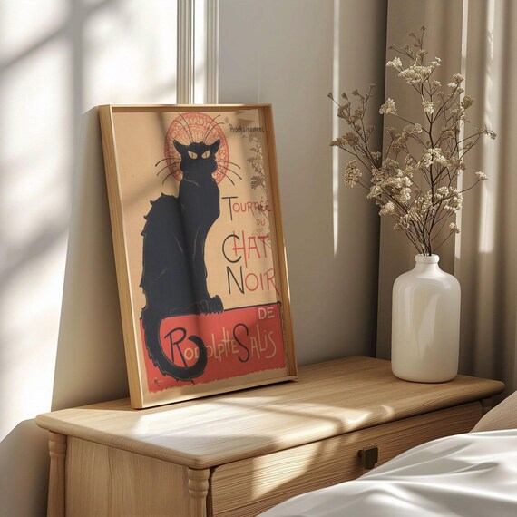 Vintage French Tourney du Chat Noir Poster Art Print Poster, Mustard Yellow Cinnamon Red Black Cat Retro Advert, Classic French Wall Decor