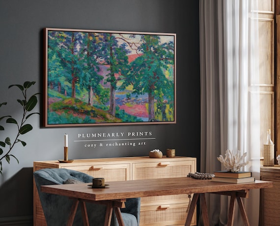 Guillaumin Colorful Forest Painting Landscape Framed Canvas, Maximalist Chartreuse Jungle Green Pink Periwinkle Lavender Purple Decor