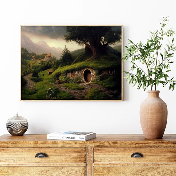 The Shire Oil Painting Print. Hobbitcore Decor. Hobbit Hole Landscape Poster. Halfling House Wall Art. Cozy Earth Home Print. Physical Print