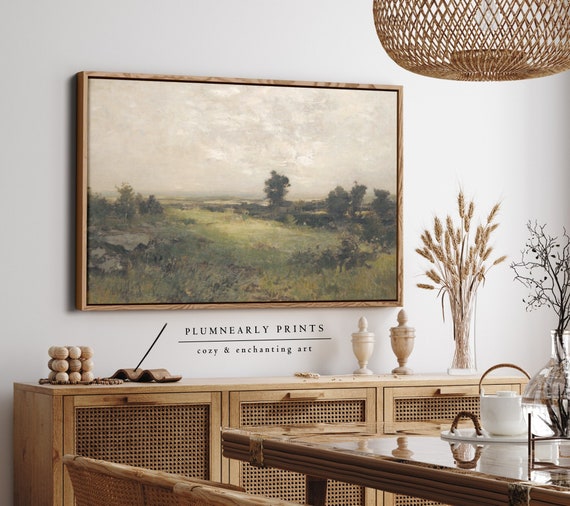 English Country Landscape Oil Painting Framed Canvas, Vintage Rustic Nature Cottagecore Wall Decor, Classic French Countryside Scenery