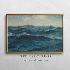 Ocean Waves Landscape Oil Painting Digital Art Print, Blue Sea Artwork Sailing Seascape Coastal Decor, Vintage Beach House Nautical Wall Art