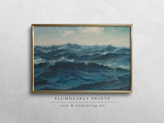 Ocean Waves Landscape Oil Painting Digital Art Print, Blue Sea Artwork Sailing Seascape Coastal Decor, Vintage Beach House Nautical Wall Art