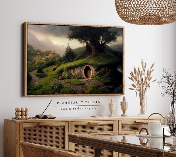 The Shire Oil Painting Framed Canvas. Hobbitcore Decor. Hobbit Hole Landscape Art. Halfling House Wall Art. Cozy Earth Home Canvas Art Print