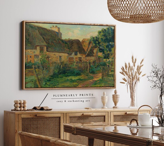 Rustic Thatched Cottages Framed Canvas, Vintage Impressionist Painting, English French Country, Forest Olive Green Orange Brown Decor