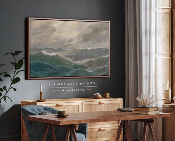 Ocean Waves Landscape Oil Painting Framed Canvas, Nautical Wall Art, Seascape Coastal Decor, Stormy Sea Marine Artwork, Beach House Art