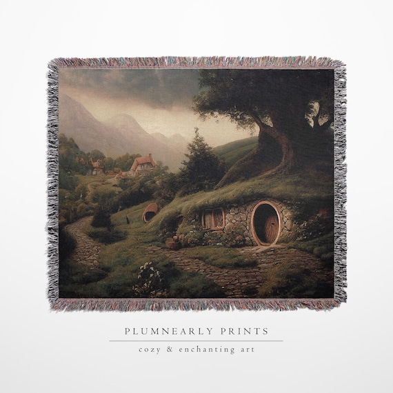 The Shire Oil Painting Woven Throw Blanket. Hobbitcore Home Decor. Hobbit House Door Wall Tapestry. Fantasy Book Lover Gift. Throw Pillow