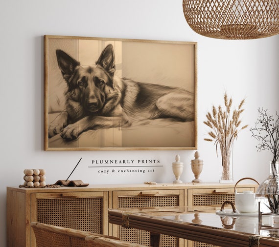 Dog Drawing Art Print Poster, German Shepherd Pencil Drawing