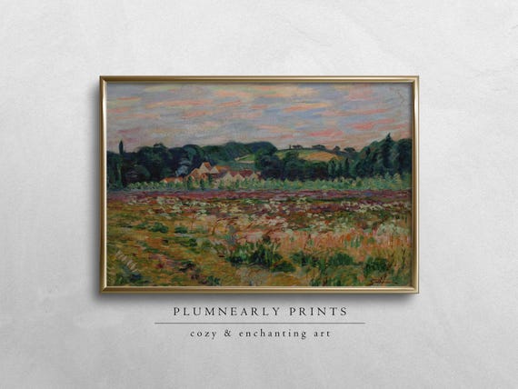 Countryside Village Landscape Oil Painting Digital Art Print, Vintage Impressionist Mauve Marigold Yellow Chartreuse Green Maximalist Decor