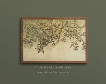 May include: A vintage-style illustration of a tree branch with green leaves and small, round fruits. The artwork is printed on a textured, off-white paper and framed in a brown wood frame.