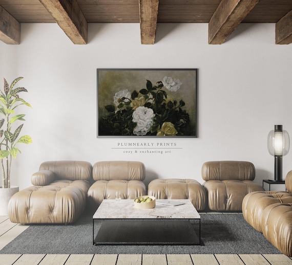 Muted Floral Rose Oil Painting Art Print Poster, Vintage Flower Still Life Wall Art, Classic Romantic Neutral Beige Sage Green Home Decor