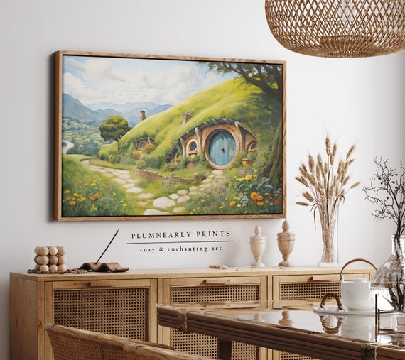 The Shire Oil Painting Framed Canvas. Hobbitcore Decor. Hobbit Hole Landscape Art. Halfling House Wall Art. Cozy Earth Home Canvas Art Print
