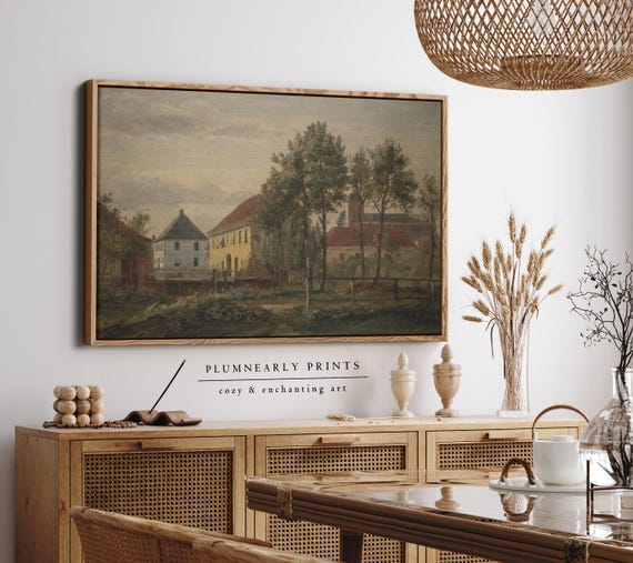 Dreyer European Village Framed Canvas, Scandi Cottages Oil Painting, Countryside Farmhouse, Sage Green Beige Buttercream Yellow Decor