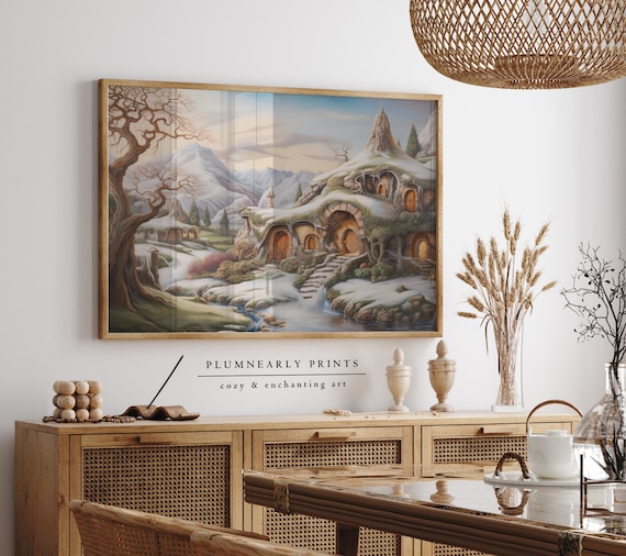 Hobbit House Painting Art Print Poster, The Shire Enchanted Fantasy Landscape Wall Art, Hobbitcore Fairytale Canvas, Whimsical Home Decor