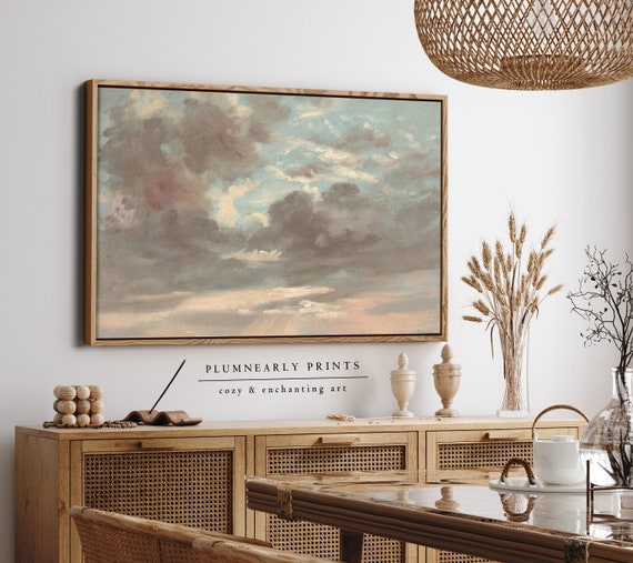 Clouds Landscape Oil Painting Framed Canvas Art, Vintage Moody Impressionist Pastel Sky Wall Art, Golden Hour Sunset Luxury Home Decor