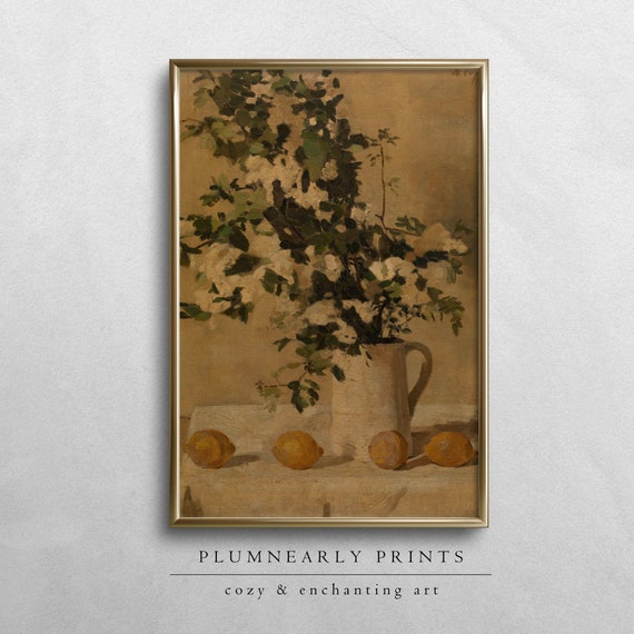 Floral Lemon Still Life Oil Painting Digital Art Print, Vintage French Country Neutral Still Life Art, Citrus Modern Farmhouse Kitchen Decor