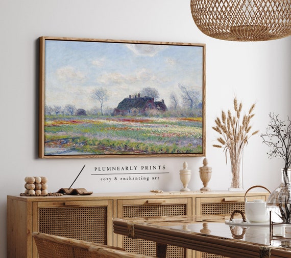 Monet Farm Country Landscape Oil Painting Framed Canvas, Impressionist Rural Spring Scenery Wall Decor, Colorful Field with Cloudy Sky