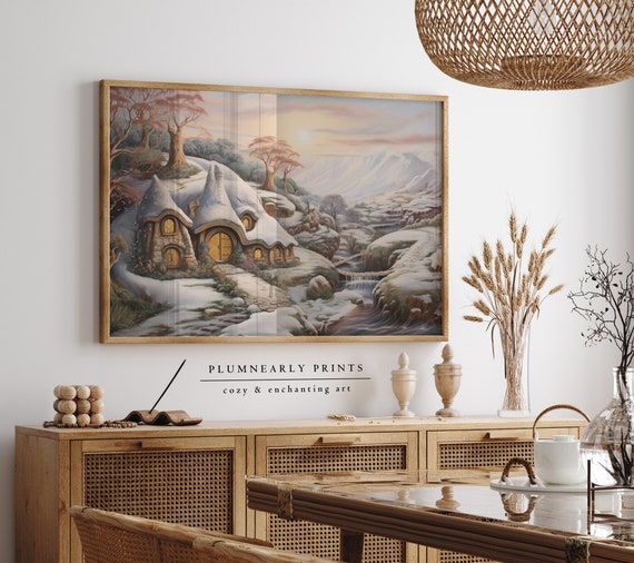 Hobbit House Painting Art Print Poster, The Shire Enchanted Winter Landscape Canvas, Snowy Fantasy Cottage Wall Decor, Fairytale Scenery