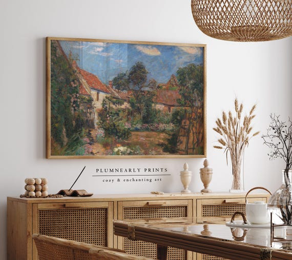 Guillaumin Floral Cottage Garden Landscape Art Print Poster, Impressionist French Country Romantic Forest Olive Green Cinnamon Orange Decor