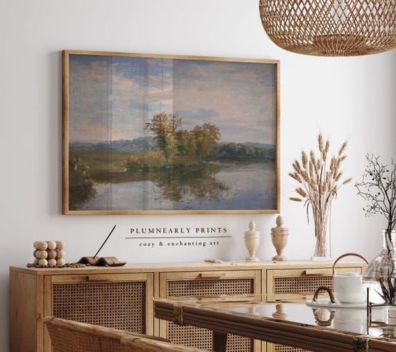 Dreyer River Landscape Art Print Poster, Vintage Neutral Farmhouse Oil Painting, Sage Green Periwinkle Sea Blue Cream Lakehouse Wall Decor