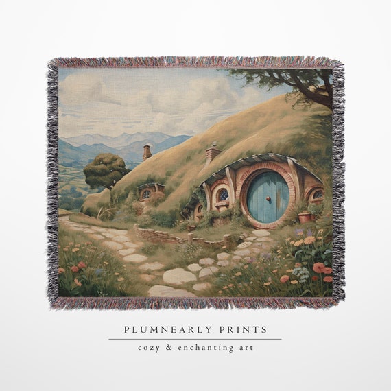 The Shire Oil Painting Woven Throw, Hobbitcore Home Decor, Hobbit House Door Wall Tapestry, Fantasy Book Lover Gift, Minky Sherpa Blanket