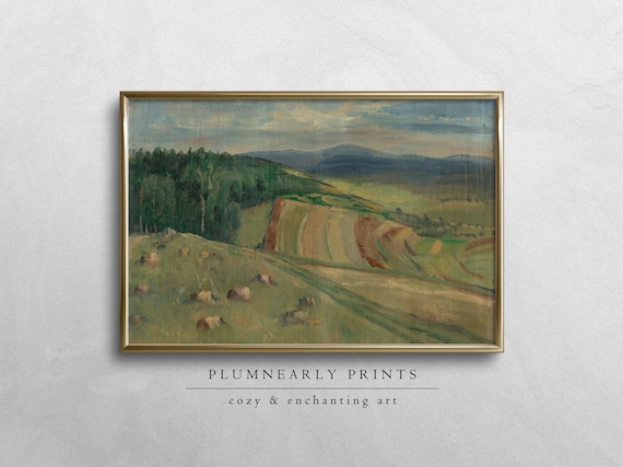 English Country Landscape Oil Painting Digital Art Print, Vintage French Countryside Wall Art, Green Rolling Hills Modern Farmhouse Decor