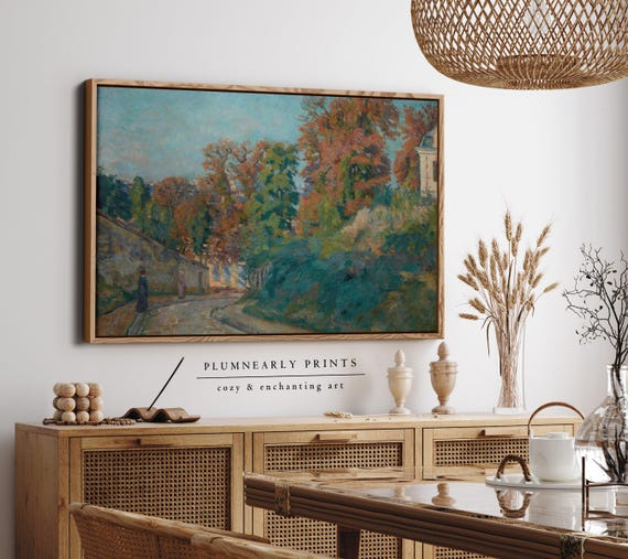 Guillaumin Autumn Road Framed Canvas, Vintage Fall Tree Landscape, Warm Cinnamon Sage Green Decor, Romantic French Country Neutral Art