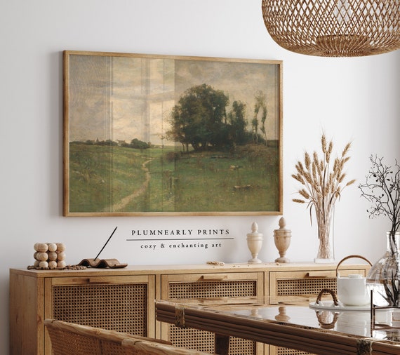 English Country Landscape Oil Painting Art Print Poster, Vintage French Countryside Wall Art, Antique Cottagecore Green Field Home Decor
