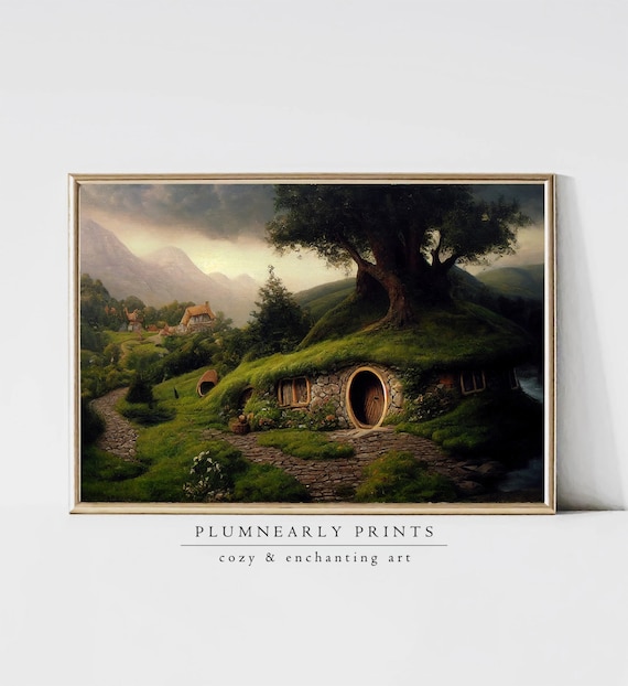The Shire Oil Painting. Hobbitcore Decor. Hobbit Hole Landscape. Halfling House Wall Art. Cozy Earth Home Print. PRINTABLE Digital Download
