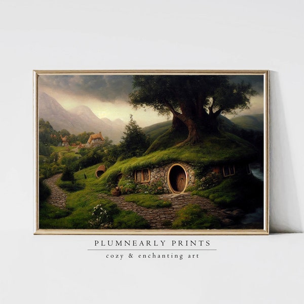 The Shire Oil Painting. Hobbitcore Decor. Hobbit Hole Landscape. Halfling House Wall Art. Cozy Earth Home Print. PRINTABLE Digital Download